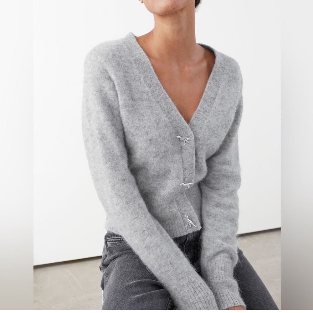 & Other Stories Soft Gray Fuzzy V-Neck Cardigan